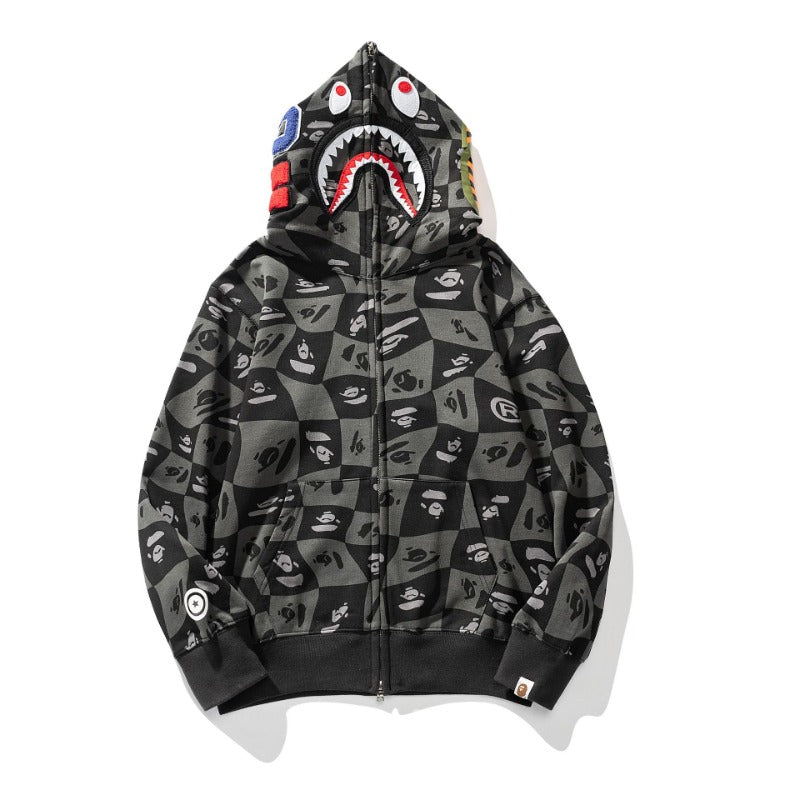 Bathing Ape Hoodie Autumn and Winter Ape Shaped Checkered Shark Cardigan Zipper Sweater Jacket