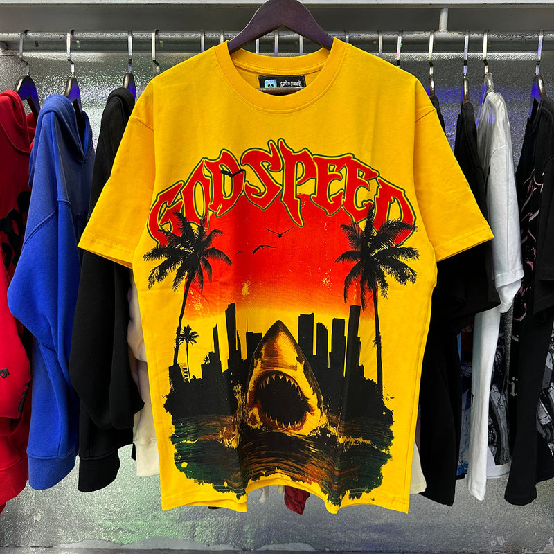 Godspeed T Shirts Urban Coconut Shark Print Cotton Casual Short Sleeve Men and Women