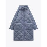 Women Cotton Coat Diamond Lattice Loose Decorative Blue Hooded Jacket