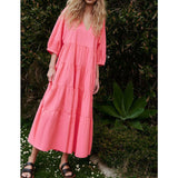 Women Dresses V-neck Patchwork Pink Medium-Length Dress