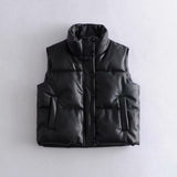 Women Vest Urban Leisure Faux Leather Cotton-Padded Vest