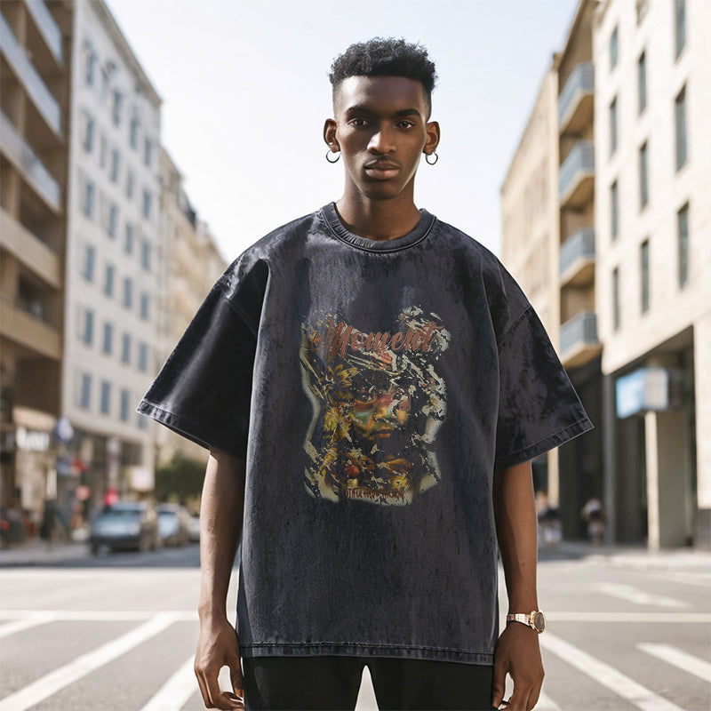 Mens Vintage T Shirt Printed Washing Water Short Sleeve T-Shirt