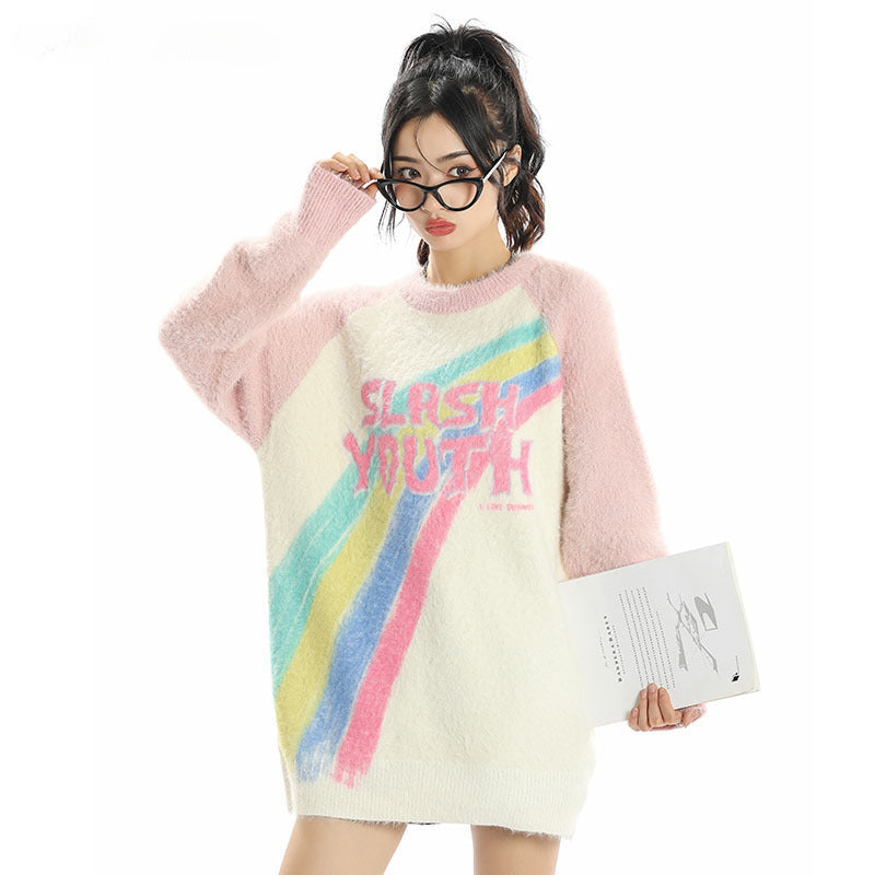 Women Sweater Rainbow Soft Knitted Sweater