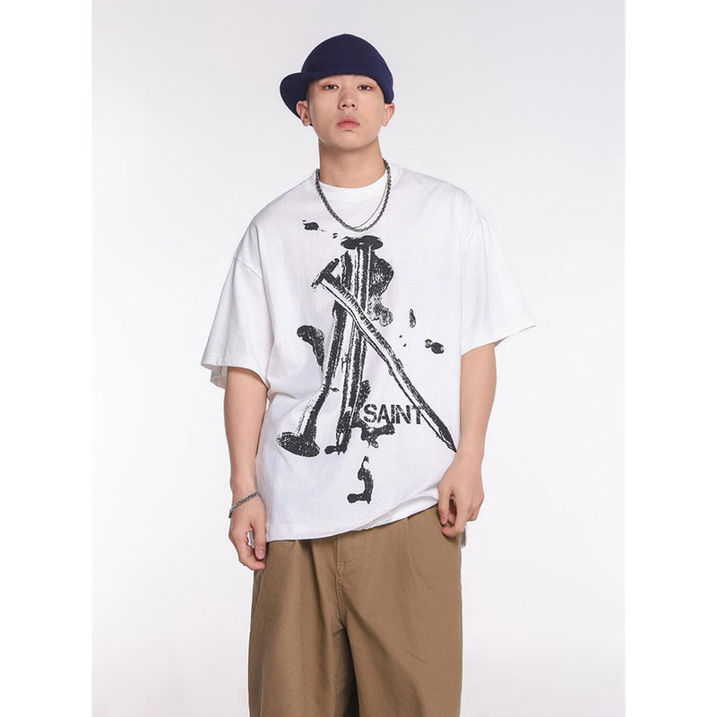 Unisex T-Shirts Saint Michael Fun Nail Print Casual Loose T-Shirt
