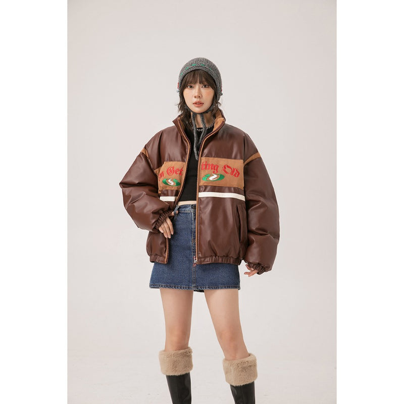 Unisex Coat PU Leather Jacket Winter Thickening Stand Collar