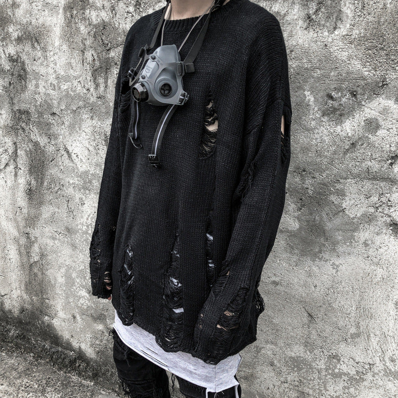 Men Sweater Dark Ripped Long Sleeves Sweater Men's Loose
