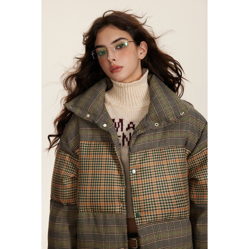 Unisex Coat Stitching Plaid Stand Collar Coat Thickened Warm