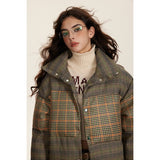 Unisex Coat Stitching Plaid Stand Collar Coat Thickened Warm