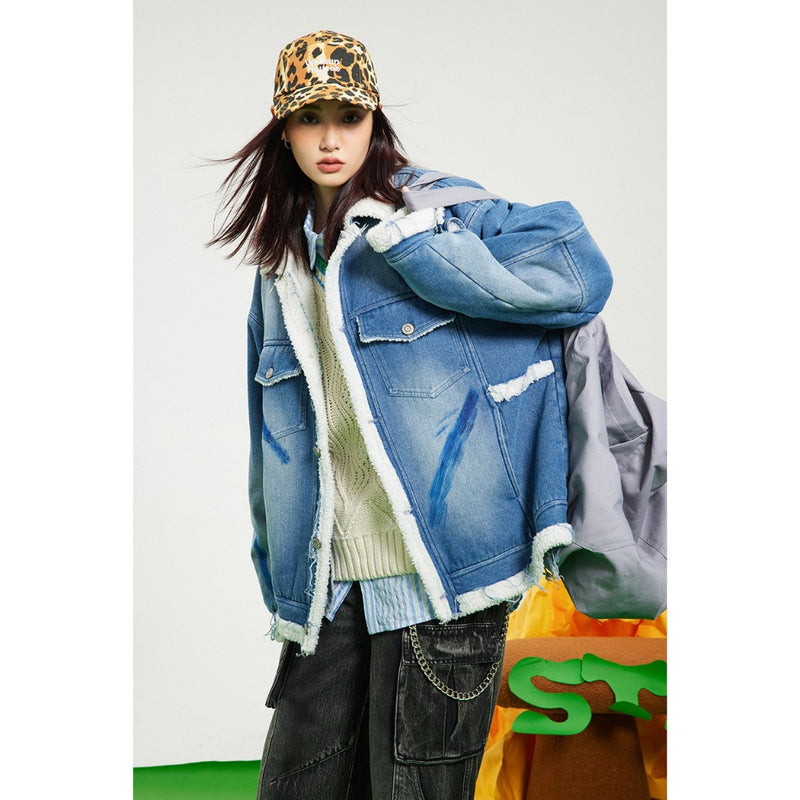 Unisex Coat Vintage Loose Cotton Coat Lamb Wool Denim Jacket