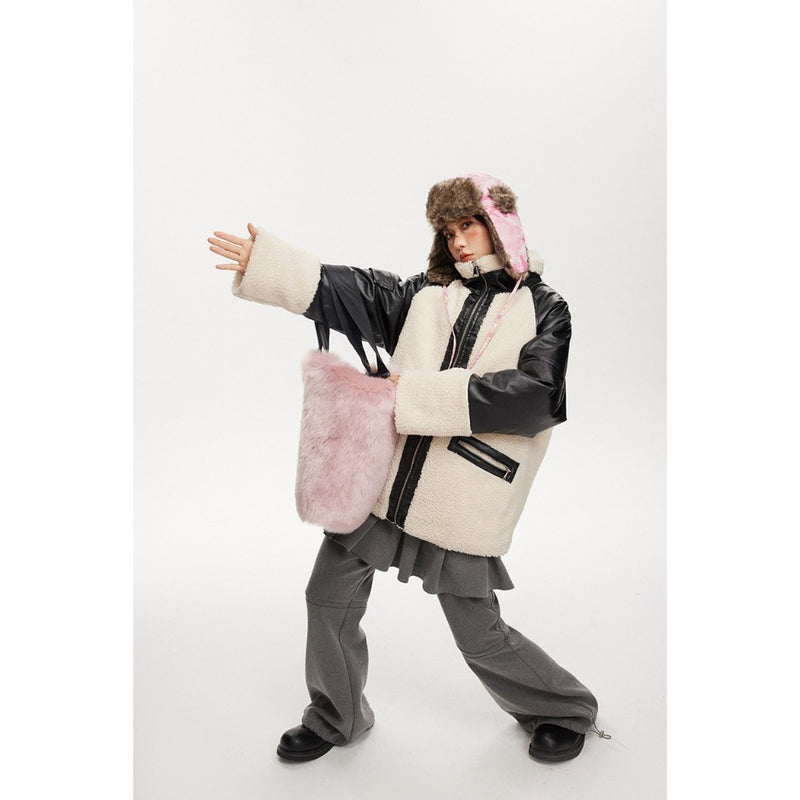 Unisex Coat Lamb Wool Stitching PU Leather Cotton-Padded Jacket