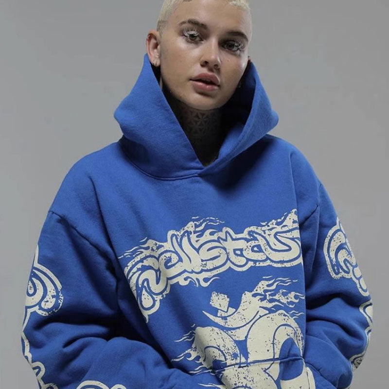 HS Hoodie Vintage Distressed Graffiti Printing Casual Loose