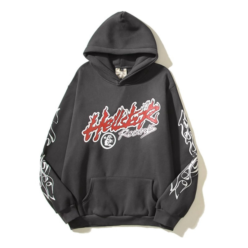 HS Hoodie Vintage Distressed Flame Graffiti Printing Velvet Padded Loose Casual