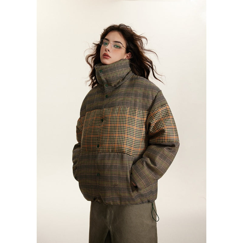 Unisex Coat Stitching Plaid Stand Collar Coat Thickened Warm