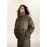 Unisex Coat Stitching Plaid Stand Collar Coat Thickened Warm