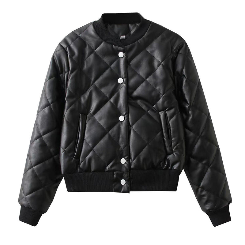 Women Cotton Coat PU Leather Jacket Stand Collar Cardigan Fashion