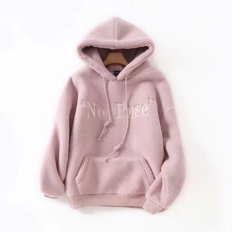 Women Hoodie Lamb Wool Thickened Fleece-lined Idle Style Loose