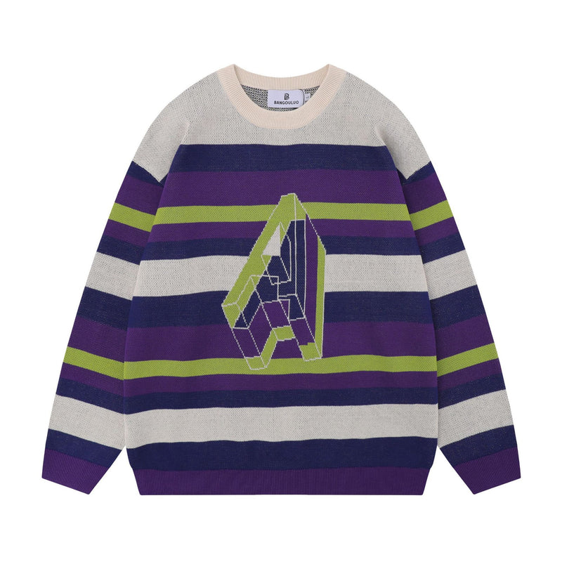 Women Sweater Striped Contrast Color College Style Knitted Sweater