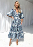 Women Dress Puff Sleeve V-neck Fashion
