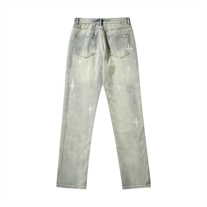 Men Jeans Cross Asterism Printed Loose Retro Casual