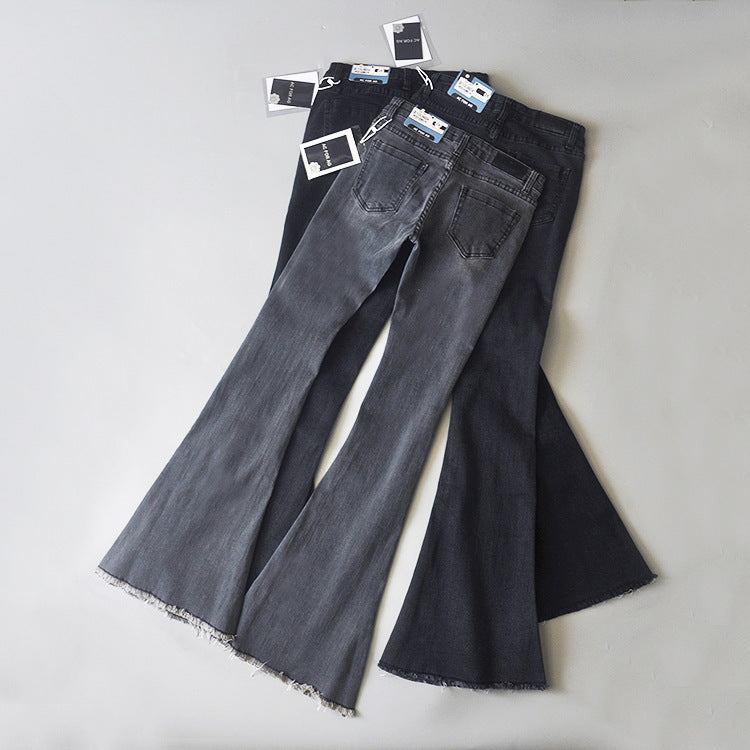 Women Jeans Frayed Flared Pants Stretch