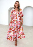 Women Dress Puff Sleeve V-neck Fashion