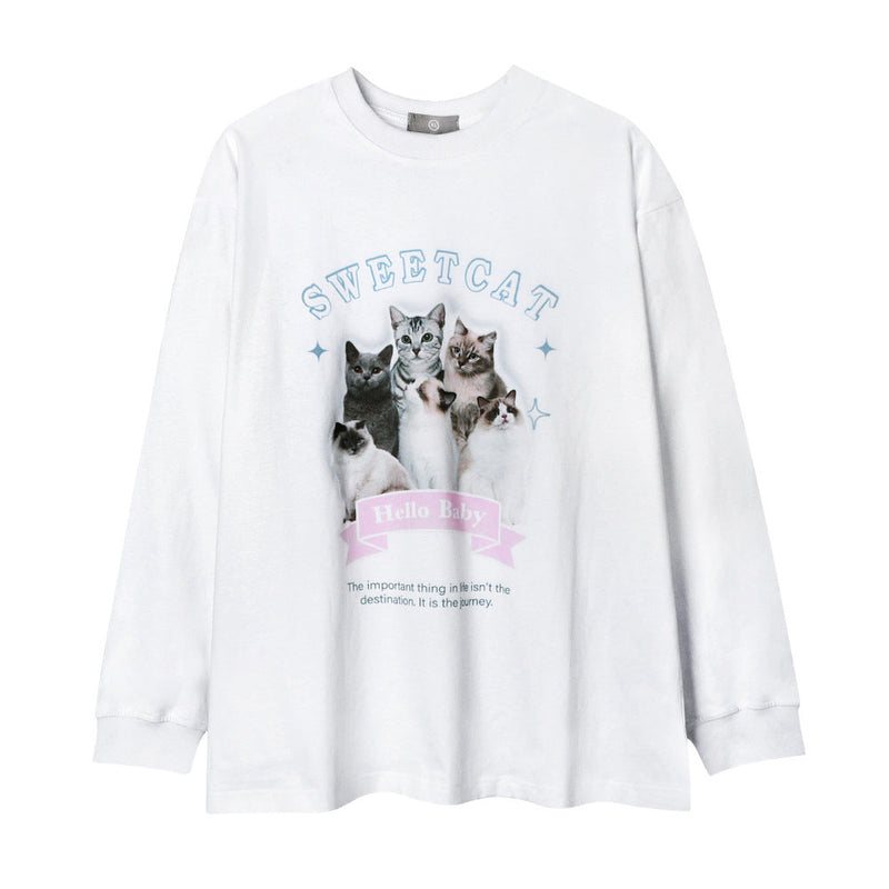Men Long Sleeve T-Shirt Fun Cat Printing Loose Casual