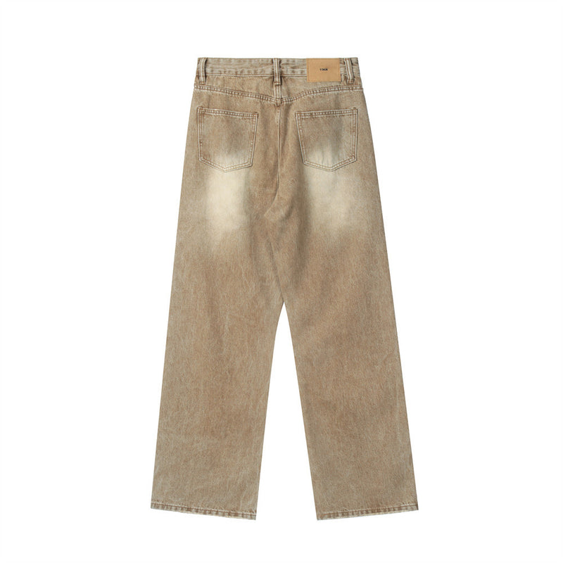 Men Jeans Vintage Washed Straight Wide Leg Loose and Simple