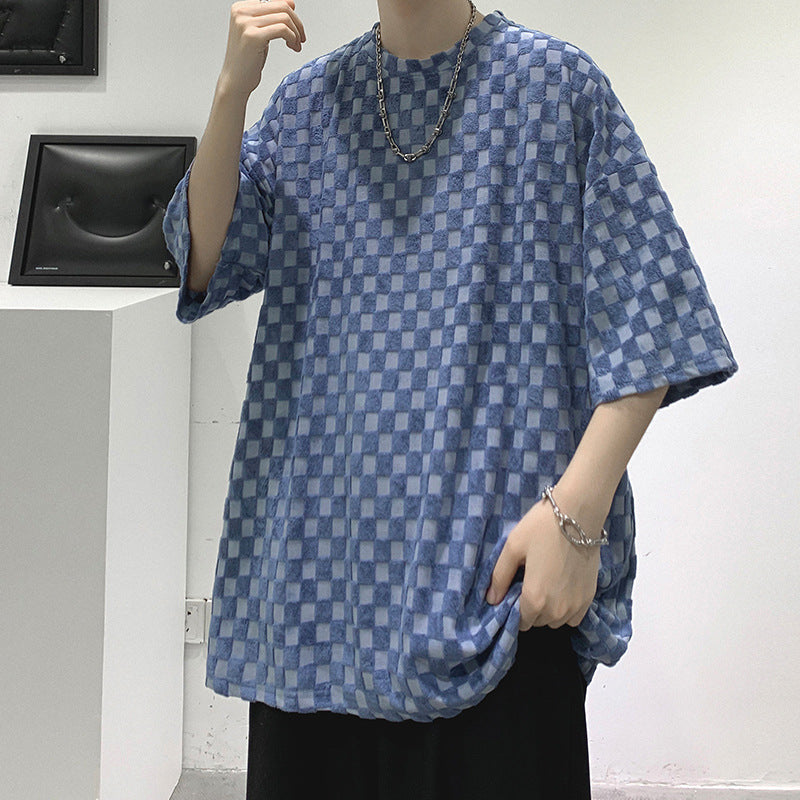 Men T Shirt Chessboard Plaid Printing Summer