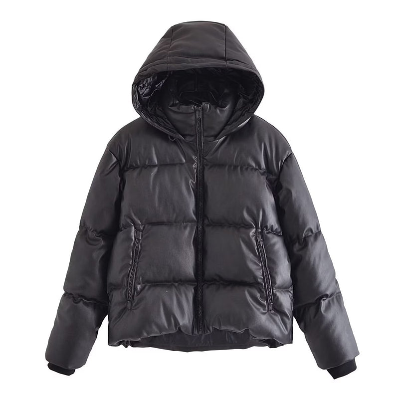 Women Cotton Coat Casual Faux Leather Hooded Jacket