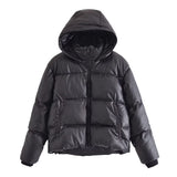 Women Cotton Coat Casual Faux Leather Hooded Jacket