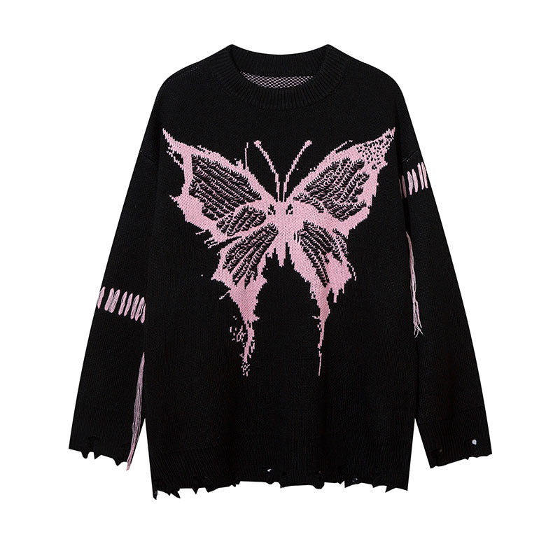 Women Sweater Black Butterfly Jacquard Soft Oversize