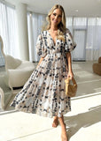 Women Dress Puff Sleeve V-neck Fashion