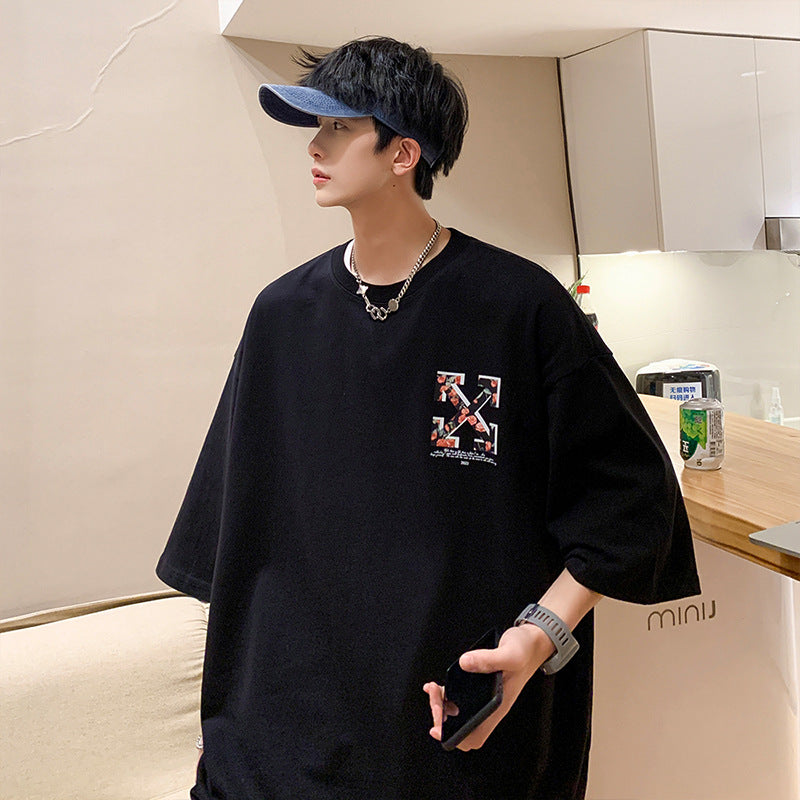 Men T Shirt Fashion All-Match Flower Print
