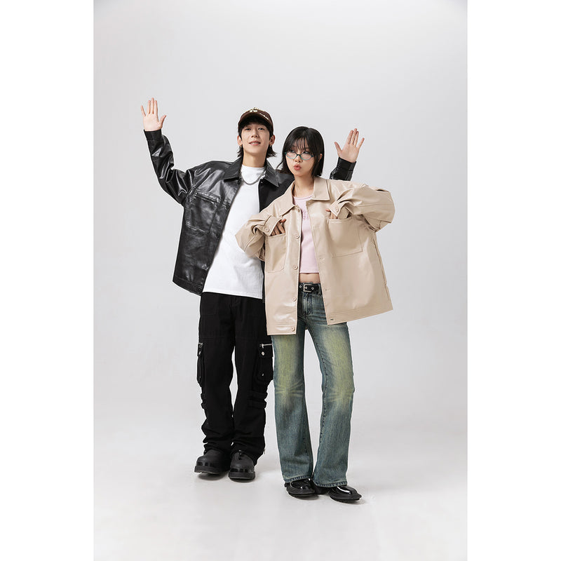 Unisex Pu Jacket Couple Loose Motorcycle Jacket