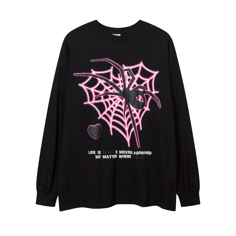 Men Long Sleeve T-Shirt Heart-Shaped Spider Web Printed Loose