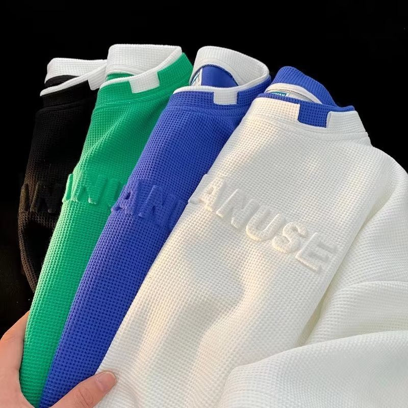 Men T Shirt Fake Two-Piece Waffle Summer Loose Heavy