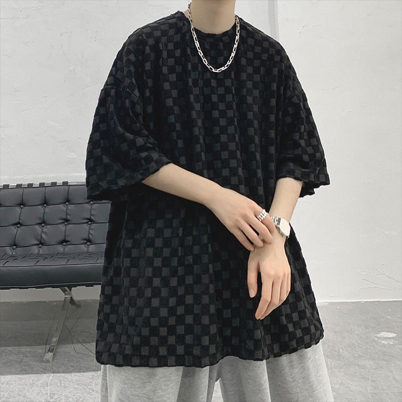 Men T Shirt Chessboard Plaid Printing Summer