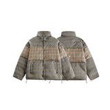 Unisex Coat Stitching Plaid Stand Collar Coat Thickened Warm