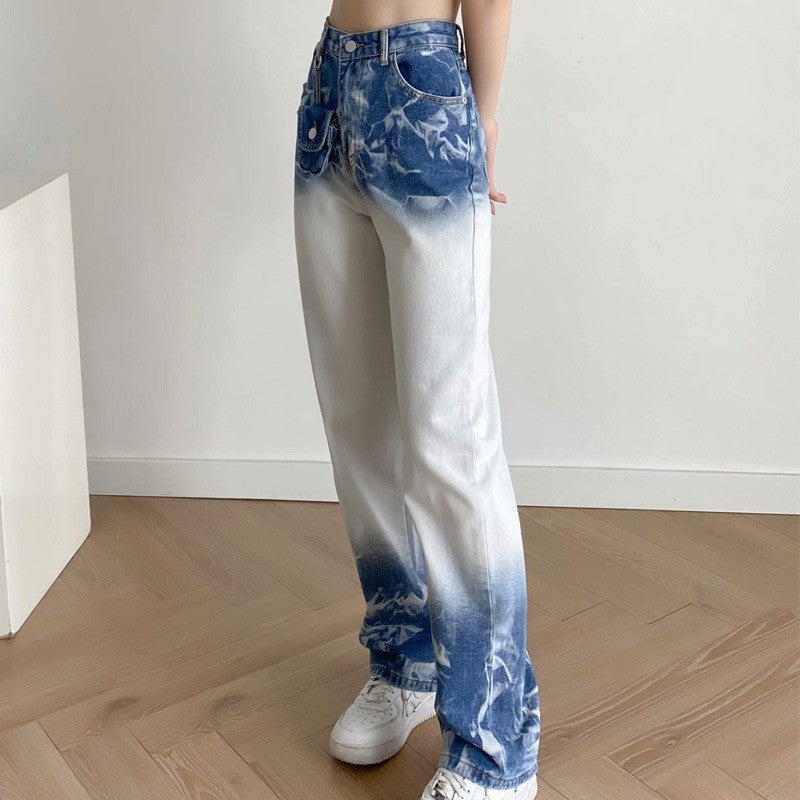 Women Jeans Gradient Color Cow Slim Fit Loose Casual Pants