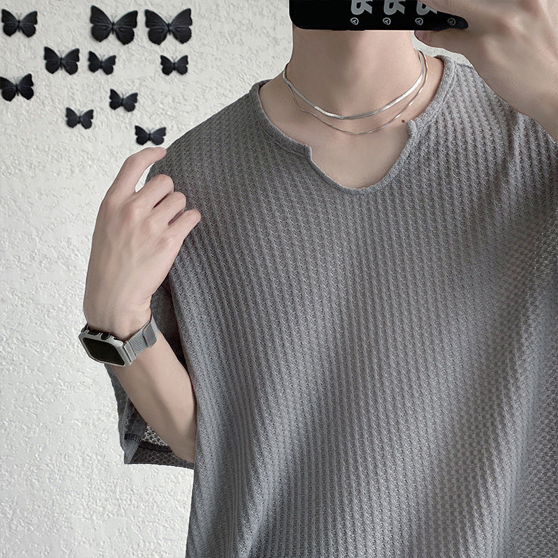 Men T Shirt Waffle Summer Casual Loose