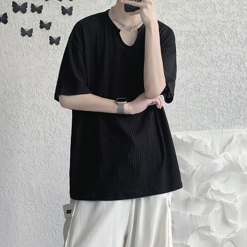 Men T Shirt Waffle Summer Casual Loose