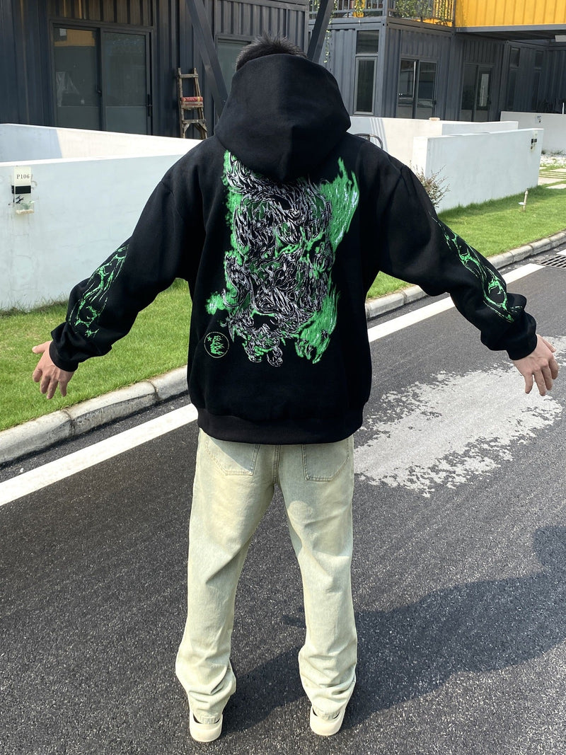 HS Hoodie Retro Distressed Graffiti Loose Fleece-lined