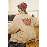 Unisex Coat Butterfly Embroidered Cotton Jacket Stand Collar Coat