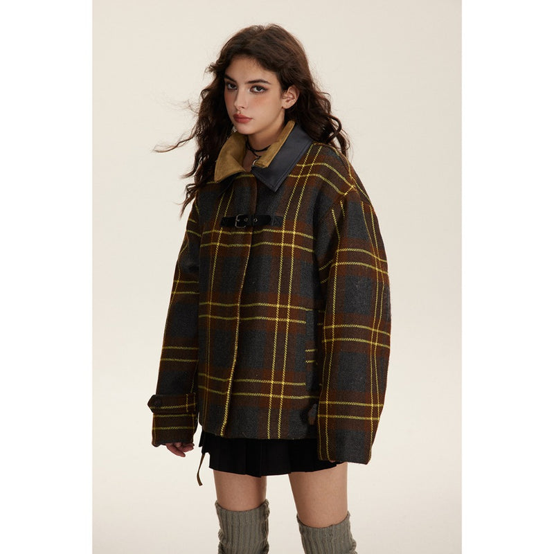 Unisex Coat Retro Loose Thick Checks Cotton-Padded Coat