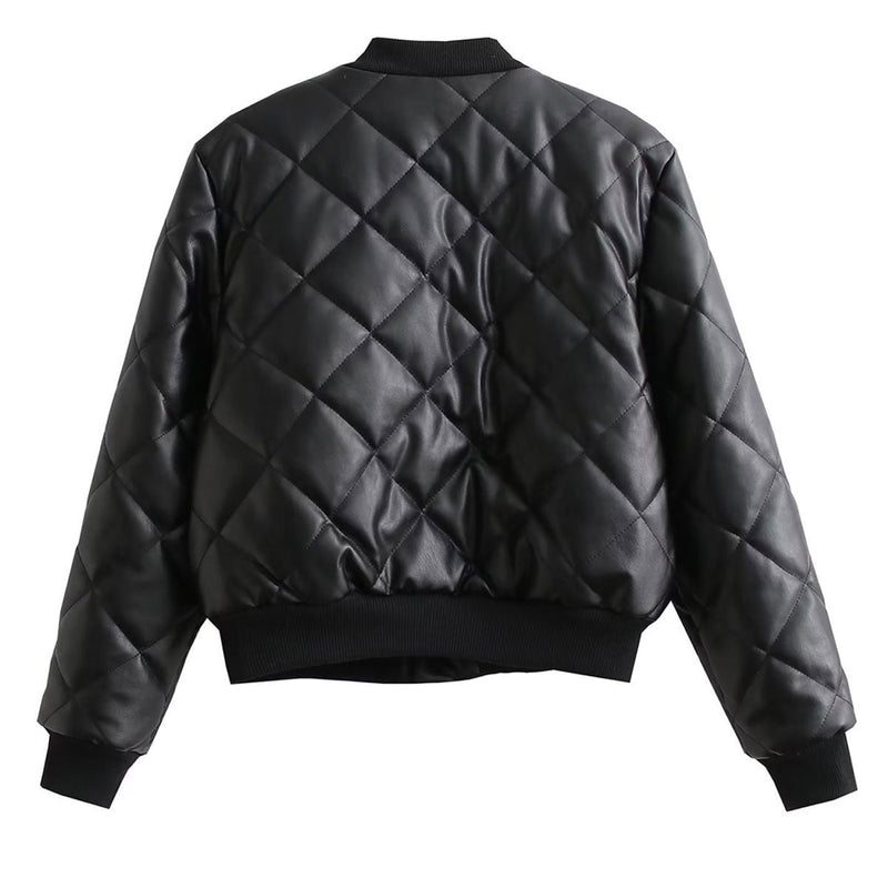 Women Cotton Coat PU Leather Jacket Stand Collar Cardigan Fashion